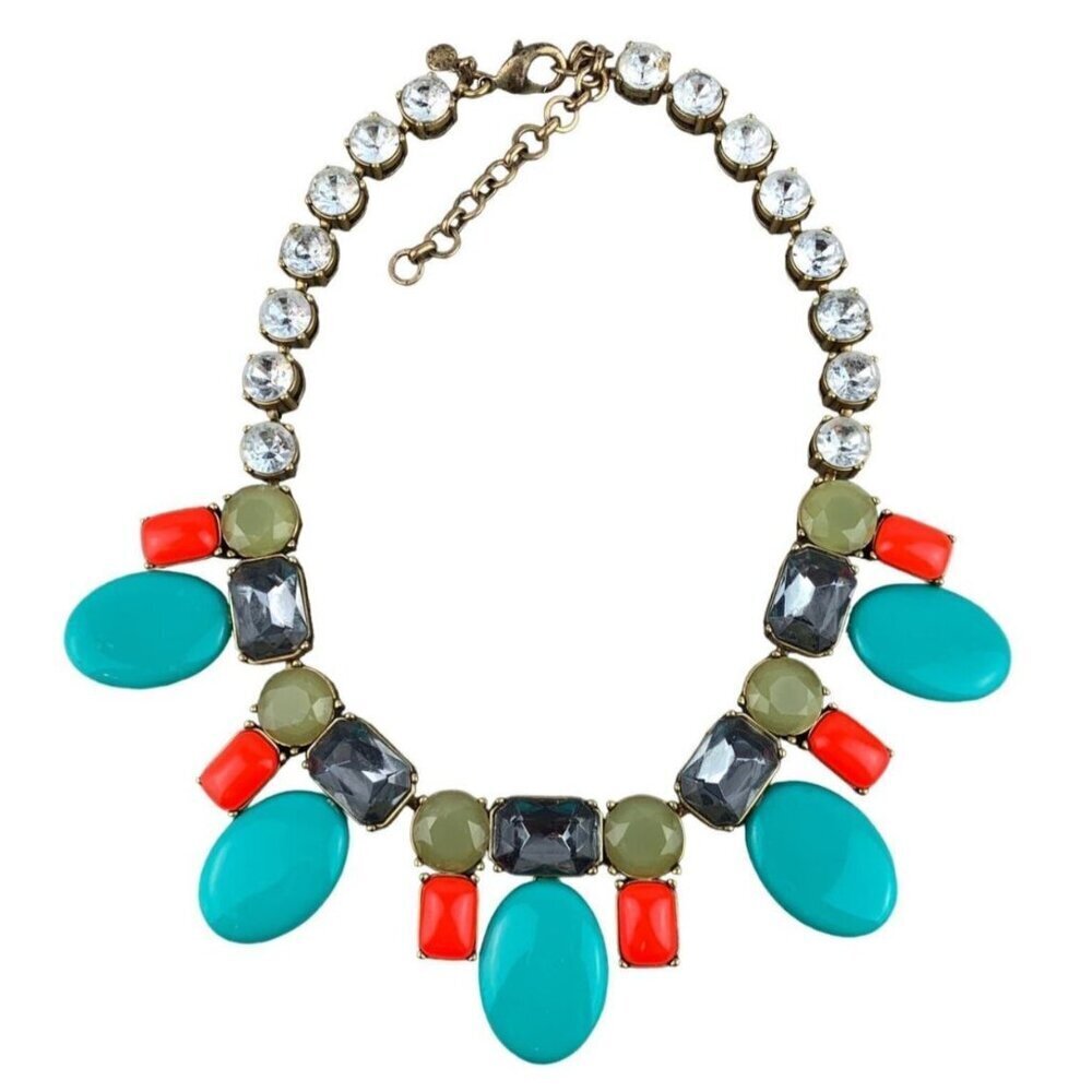 J Crew Rhinestone Statement Necklace Turquoise Blue Coral Gray